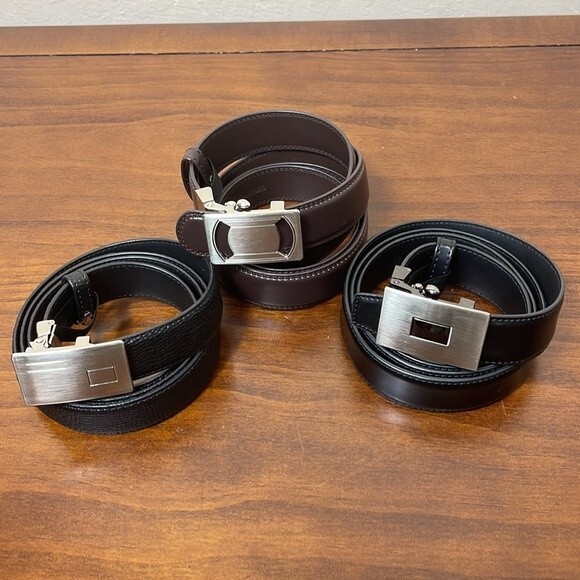 Set of 3 - NWOT - Men’s Leather Belts - Size 42 - Black, Black Embossed, Brown - Picture 1 of 9